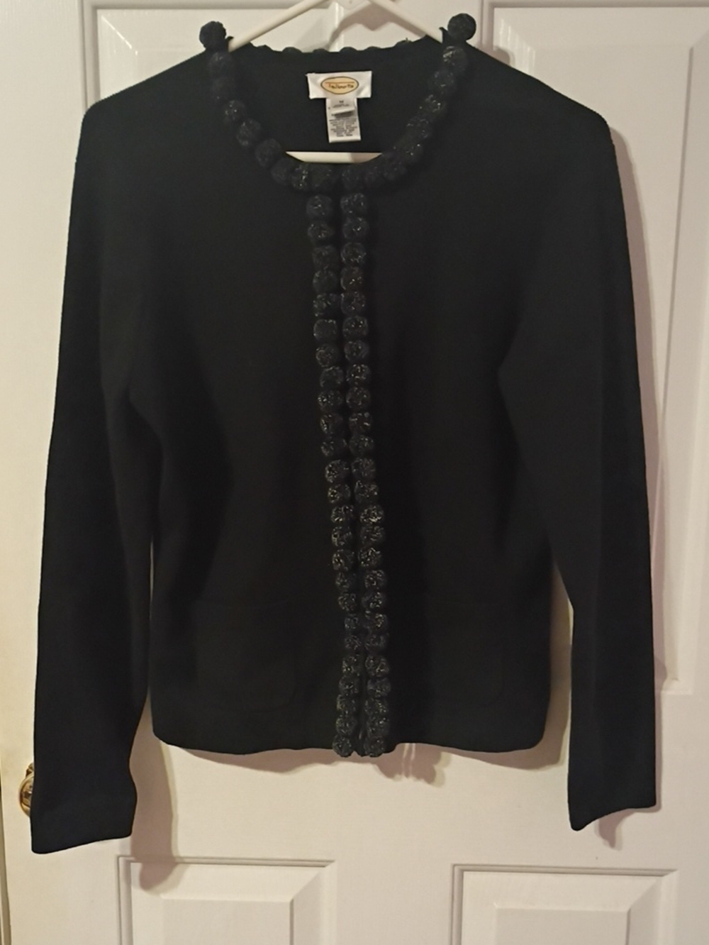 Talbots Black Embellished Pom Poms Trim Knit Cardigan